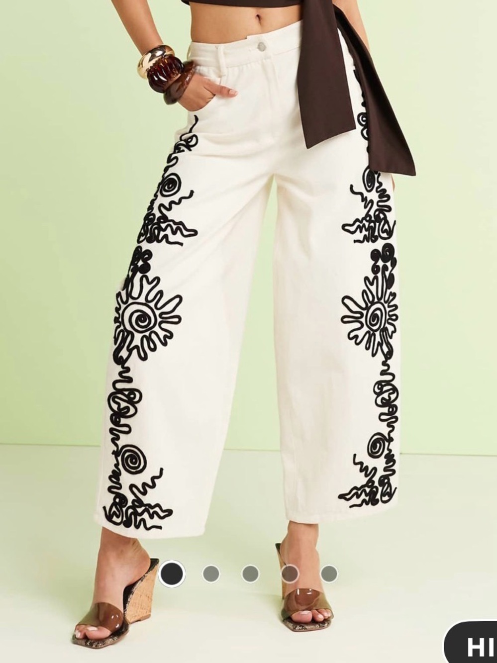 ASOS Cream Wide-Leg Crop Pants with Black Embroidery